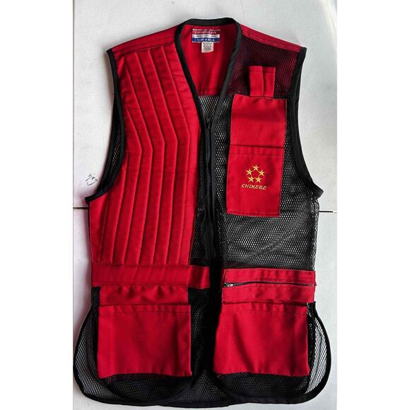 Chimere Shooting Vest Red Black Mesh Padded Trap Skeet Clay Shooting Gear Large - Picture 1 of 12